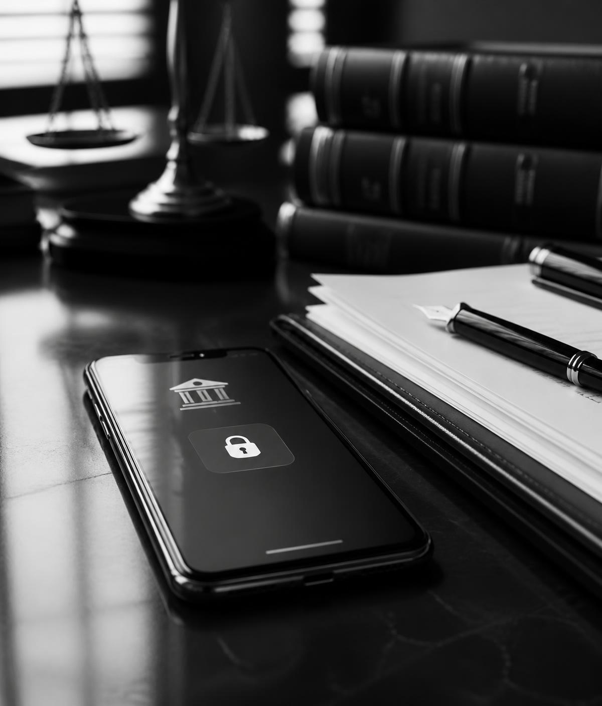 Celular sobre mesa de escritório de advocacia exibindo aplicativo bancário com cadeado, ao lado de documentos jurídicos